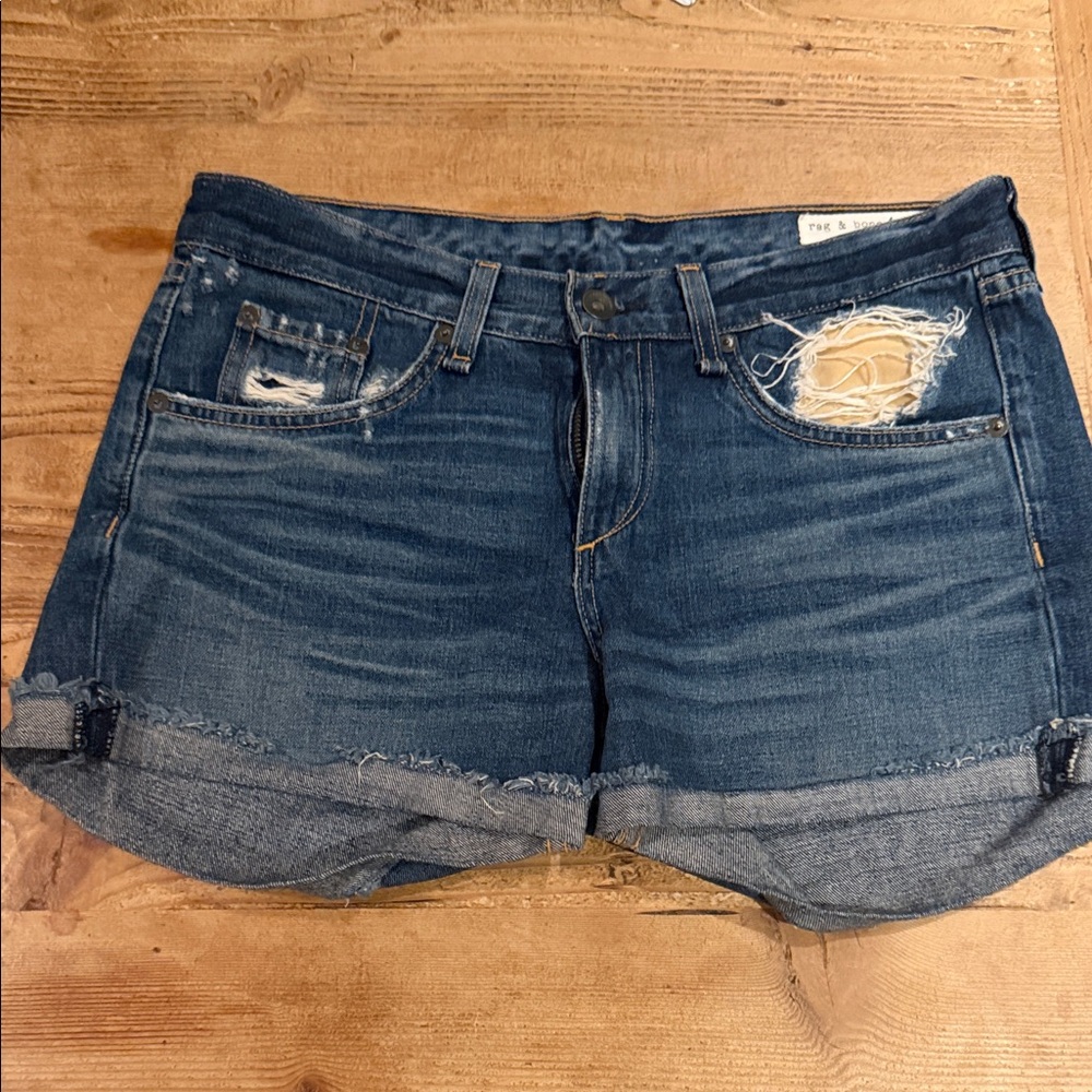 rag & bone Women's Dark Blue Distressed Rolled-Hem Jean Shorts